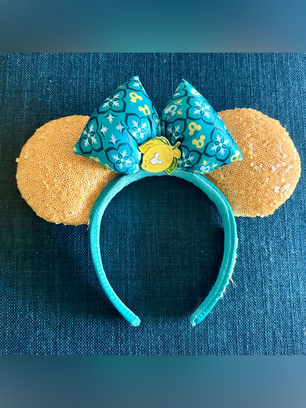 Disney Lemon Yellow Sequin Ears & Turquoise Bow Headband